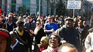 The Moral Monday protests have developed from traditional grassroots organizing and coalition building by the NC NAACP: HK on J protest, Raleigh, NC February 2013. Photo credit: Jen Schradie